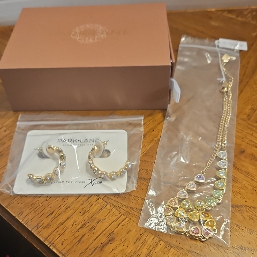 Park Lane Gold-Tone Necklace & Hoop Earring Set with Pastel Heart Stones